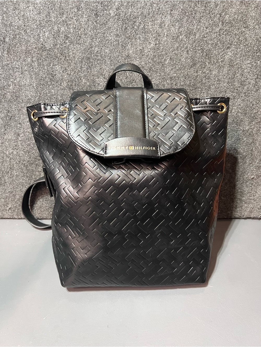 Tommy Hilfiger Black Embossed Logo Backpack with Gold Hardware